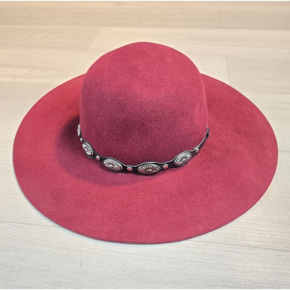 Scala Collezione Burgundy 100% Wool Wide Brim Hat Silver Concho Band One Size